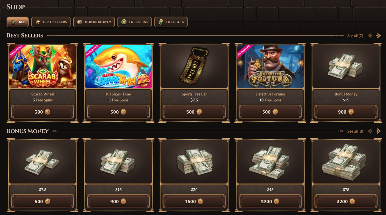 Boutique du Casino Lanista où les pièces s'échangent contre des tours gratuits, de l'argent bonus et des paris gratuits