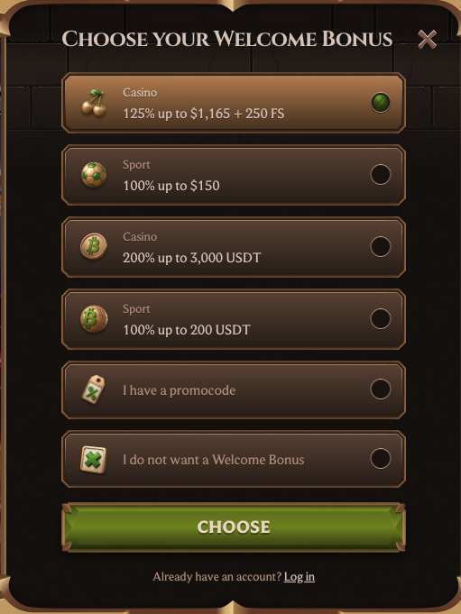 Lanista Casino welcome bonus selection screen with a dedicated 'I have a promocode' option