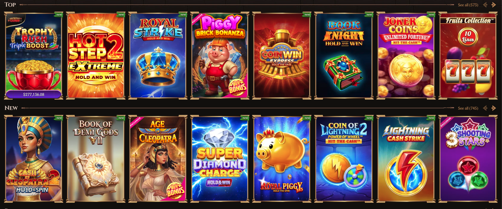 Lanista Casino Top and New game rows featuring Trophy Rush, Cash of Cleopatra 2 and other slot titles