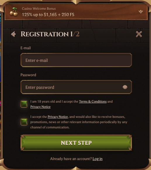 Étape d'inscription au Casino Lanista montrant le bonus de bienvenue de 125 % jusqu'à 1 165 $ plus 250 tours gratuits
