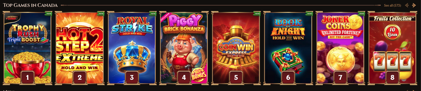 Carrousel des meilleurs jeux au Canada du Casino Lanista avec Trophy Rush, Hot Step 2, Royal Strike et Book of Knight