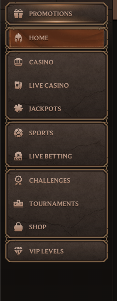 Menu du Casino Lanista affichant Promotions, Casino, Casino en direct, Jackpots, Sports, Défis, Tournois et Niveaux VIP